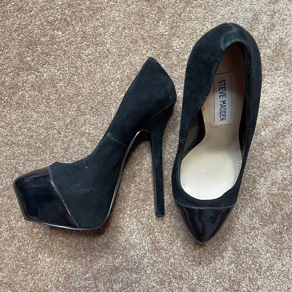 steve madden heels 6.5 black leather suede platform closed toe 6” Beautey